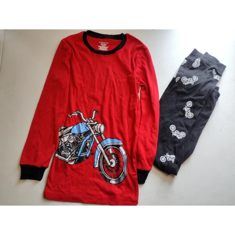 Dolphin & Fish Boys Motorcycle Pajama Set‎ Red Black 100% Cotton Size 12